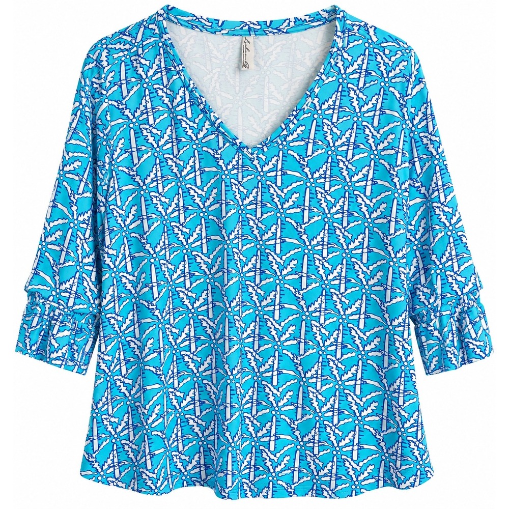 Lulu-B Tunic Top XL Aquamarine Blue UPF 50 Ruffle Sleeve Stretch Resort